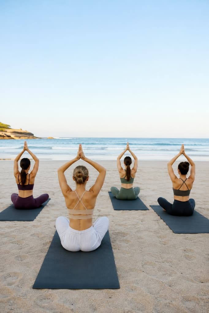 Group of students practicing beach sunrise yoga on their mats facing the golden ocean
